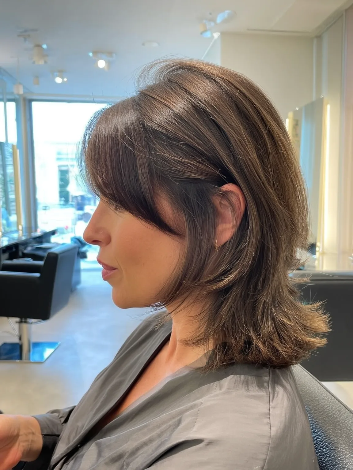 Layered Shoulder-Length Straight Bob with Curtain Bangs